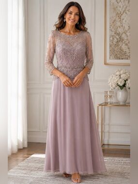 Embellished Lace Illusion Sleeve Evening Gown - Blush Mauve
